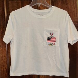 Women’s White Tee with Embroidered USA Flag and Olympic Rings
